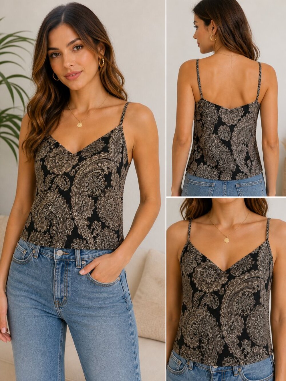 Banana Republic Paisley Camisole Top Black Tan Silk Look Small